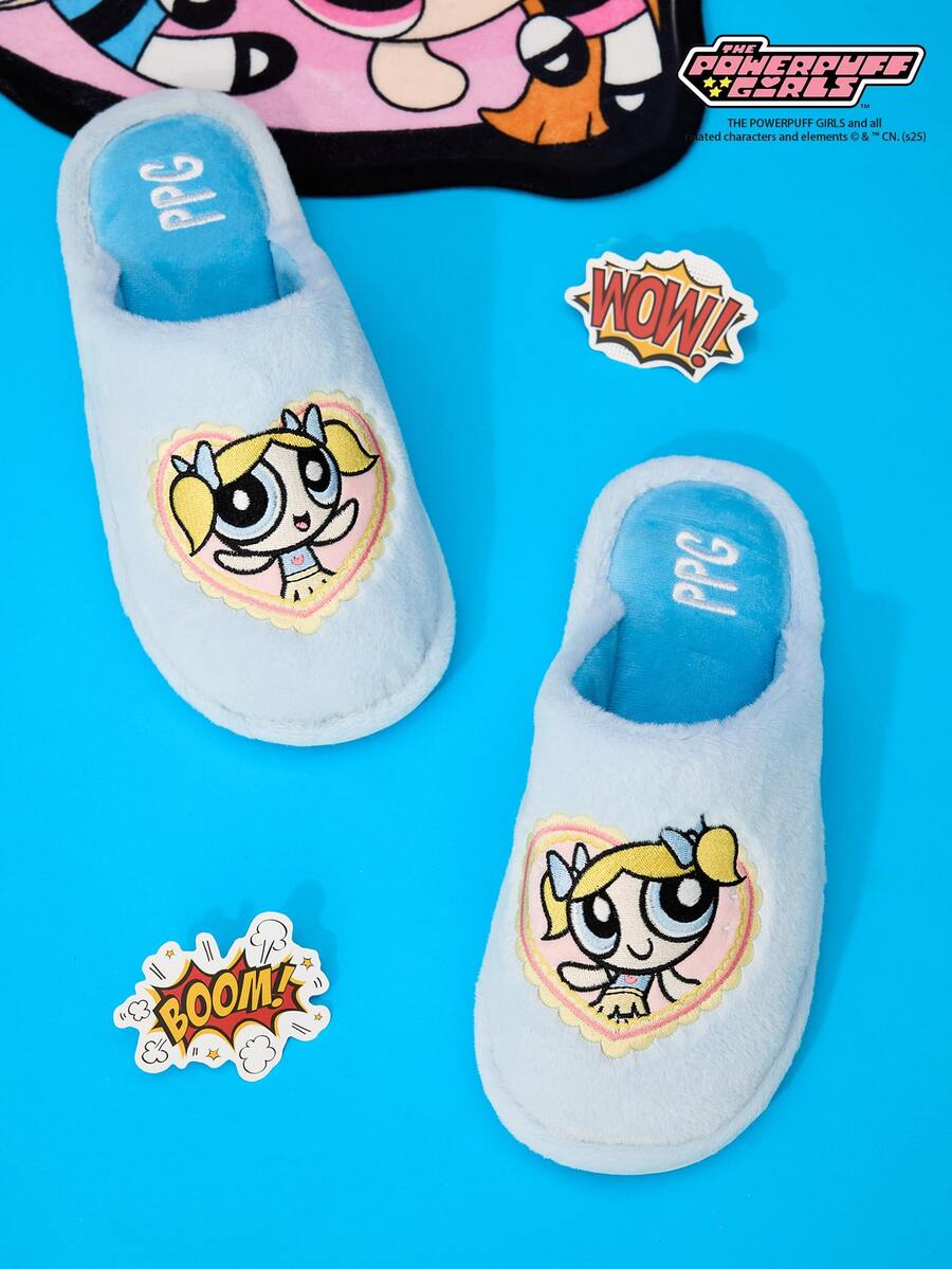 THE POWERPUFF GIRLS X Joivida 蓝色毛绒拖鞋 - 立体刺绣字母平底防滑家居鞋，适合学生冬季穿着，女士加厚底蓝色保暖棉拖鞋，适合办公室地毯穿着 - 藍色 - 查看 1
