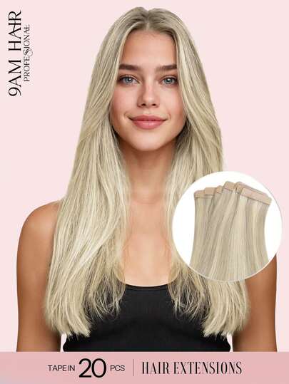 9AM Hair 20 st. Raka Tape In 100 % Äkta Hårförlängningar 14–24 tum 50 g/förpackning För salong Naturligt Högkvalitativt Äkta Remy Äkta Hår Silkeslent Sömlöst Osynligt PU Tape In Hårförlängningar