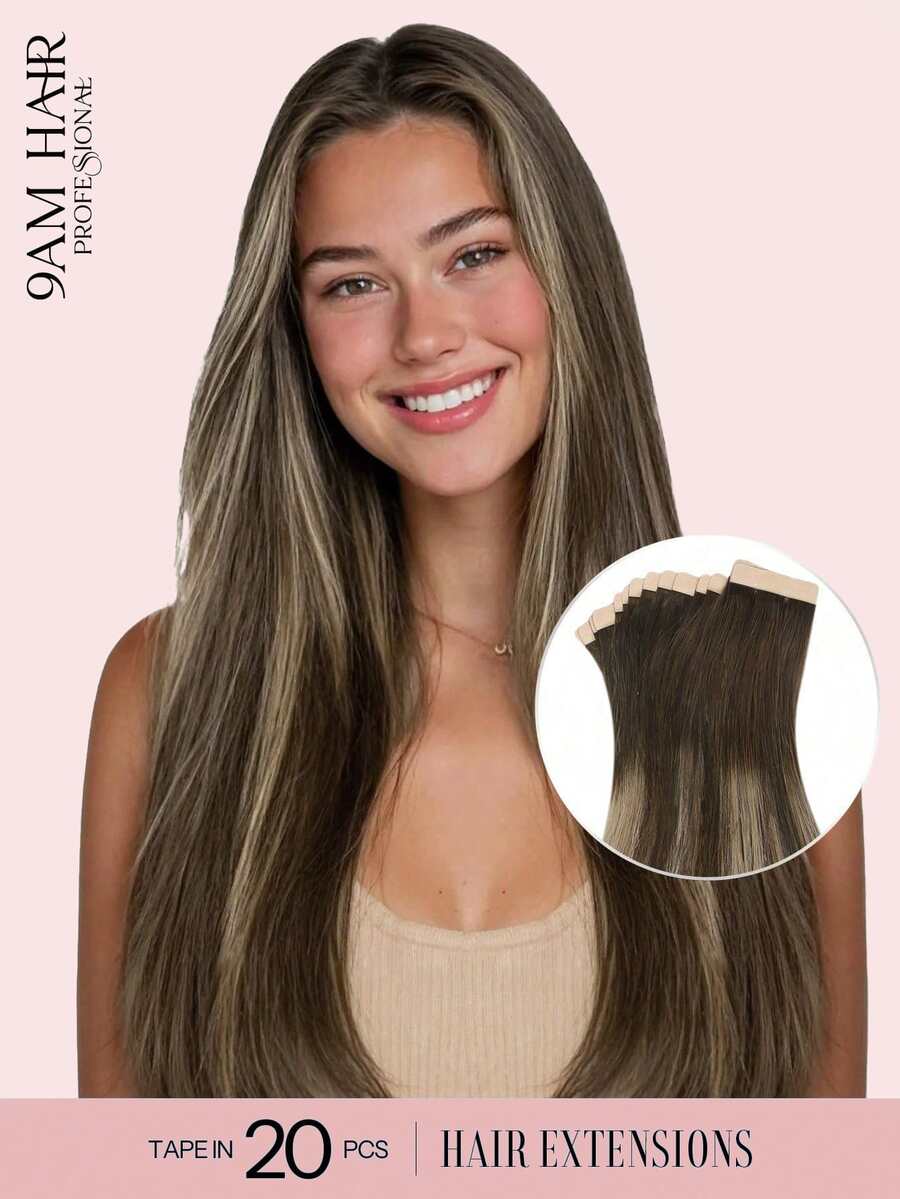 9AM Hair 20 CÁI Băng Dính Thẳng Trong 100% Tóc Người Nối Dài 14-24 inch 50G/Gói Cho Salon Tóc Người Remy Thật Chất Lượng Cao Tự Nhiên Băng Dính PU Vô Hình Liền Mạch Mềm Mượt - S4/26/4 - Xem 1