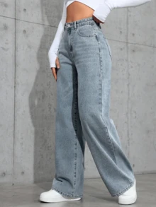 1 par de elegantes vaqueros de pierna ancha, con corte recto, bolsillos delanteros y cierre con botón, lo que los convierte en la opción perfecta para el día a día. - Jeans 2039 - Ver 5