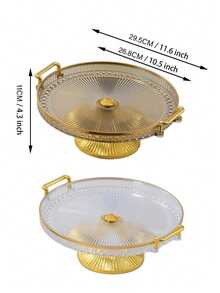 1 Dual Handle Kitchen Circular Service Tray And High Foot Tray, With A Gold-Plated Border Wrapped Around A Transparent Radial Patterned Surface, Reinforced Handles On Both Sides For A Smooth Grip - Gold - View 3