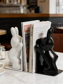 防滑兔子书挡 - 现代奶油色书架收纳架，可放置书籍、CD、DVD和杂志，结实耐用，涂漆装饰书挡套装，适用于家居装饰、客厅、玄关、办公桌 - 情人节、新年、生日和派对的完美爱书礼物 - 彩色 - 查看 2