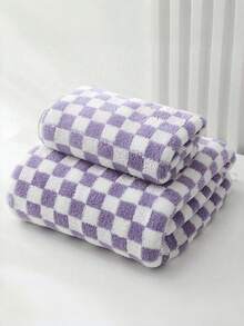 Coral Fleece Plaid Print Towel Blanket Super Soft Comfortable Highly Absorbent No Shedding Multi-Purpose Wrap For Adults Couples Home Beach Swimming Use Face Hand Bath Towel Sofa Air Conditioning Throw Seaside Cushion Available In 3475/4080/70140/90170cm Sizes Lightweight Durable Machine Washable - Purple - View 1