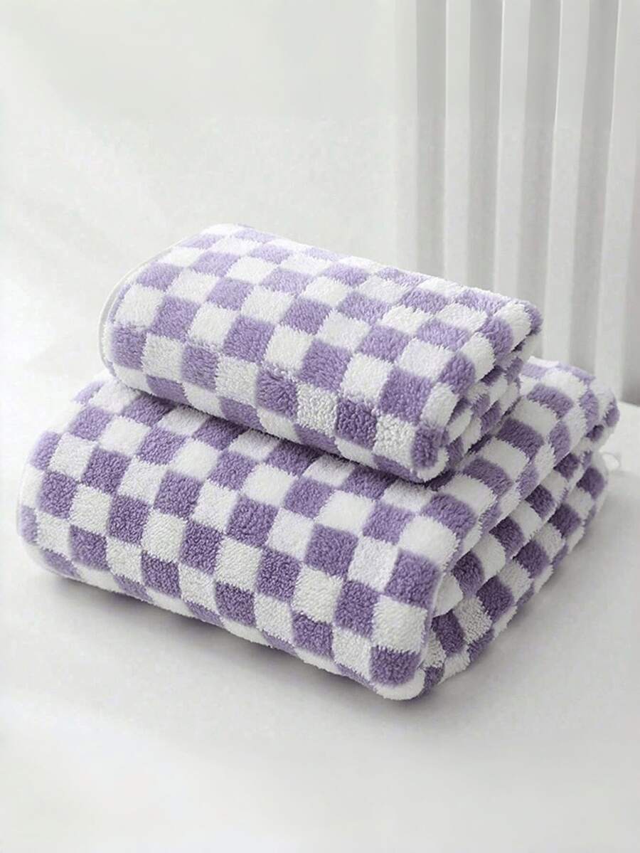 Coral Fleece Plaid Print Towel Blanket Super Soft Comfortable Highly Absorbent No Shedding Multi-Purpose Wrap For Adults Couples Home Beach Swimming Use Face Hand Bath Towel Sofa Air Conditioning Throw Seaside Cushion Available In 3475/4080/70140/90170cm Sizes Lightweight Durable Machine Washable - Purple - View 1