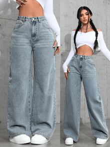 1 par de elegantes vaqueros de pierna ancha, con corte recto, bolsillos delanteros y cierre con botón, lo que los convierte en la opción perfecta para el día a día. - Jeans 2039 - Ver 2