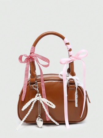 Bolso de mano mini con estilo de ballet, decorado con perlas falsas y moño, de color burdeos, bolso de moda con moño para mujer, bolso rojo