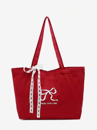 Kawaii Women's Vintage Bow-Knot Embroidery English Slogan Bow-Knot Tied Big Capacity Tote Bag, Suitable For Shopping And School, Cute Bow Bag For Women