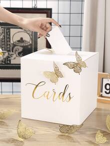1个优雅白色卡片盒，内含12个金色镂空蝴蝶贴纸，采用烫金工艺设计，是婚礼礼物、婚礼现金盒、周年纪念、生日派对、毕业典礼餐桌中心装饰、婚礼装饰、家居装饰的完美之选（包含10张贺卡） - 白色 - 查看 3