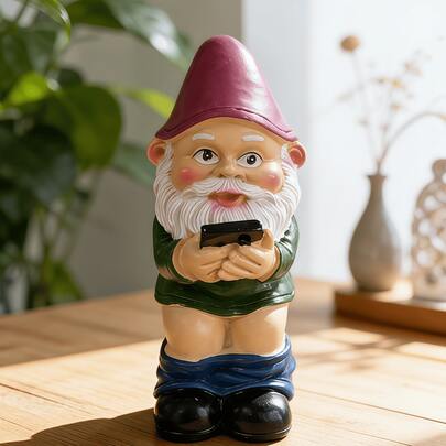 1个趣味厕所花园小矮人摆件 – 滑稽的树脂雕像，小矮人坐在马桶上玩手机，是草坪、庭院或露台的异想天开的户外装饰。