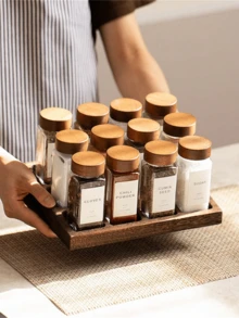 Juego de frascos para especias de cocina, 12 piezas de recipientes de vidrio para condimentos con tapas, frascos de 120ml para comino y especias, botellas de vidrio - 12 botellas (tapón de madera) + pincel + embudo + 1 pegatina + 1 bolígrafo - Ver 6