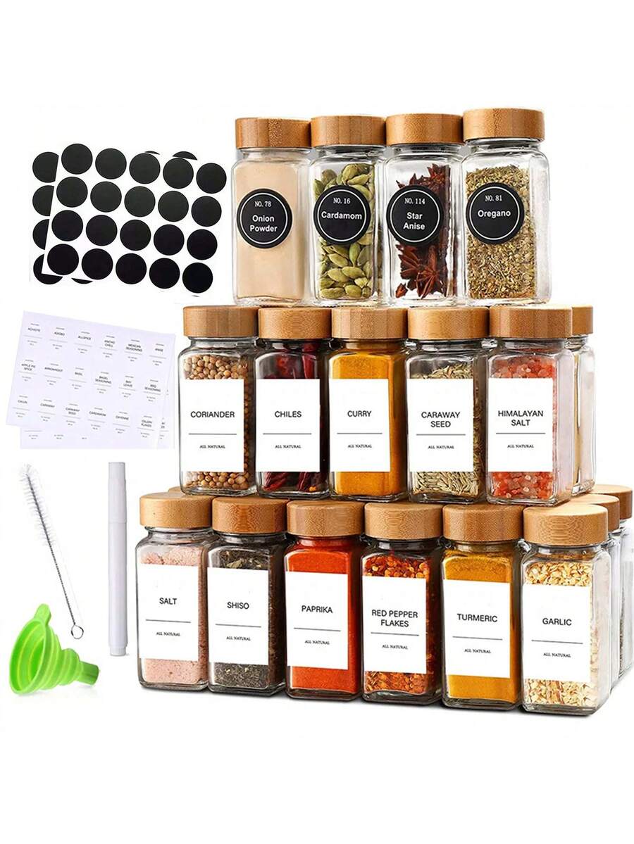 Juego de frascos para especias de cocina, 12 piezas de recipientes de vidrio para condimentos con tapas, frascos de 120ml para comino y especias, botellas de vidrio - 12 botellas (tapón de madera) + pincel + embudo + 1 pegatina + 1 bolígrafo - Ver 1