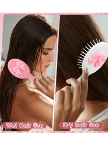 1个可爱卡通粉色蝴蝶结气囊梳，搭配奶泡按摩垫和便携式按摩迷你梳 - 黑色 - 查看 2
