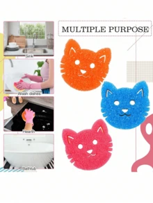 3pcs/Pack Cute Cartoon Cat Face Multi-Functional Dual-Layer Temperature Sensitive Dish Scrubbing Sponge - Strong Decontamination, For Kitchenware, Applicable For Modern Kitchen Sink - Multicolor - View 6