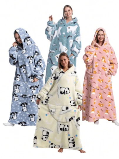 1pc Cozy Plush Fleece Wearable Blanket Hoodie With Cute Panda Print - Oversized Pocket, Thickened For Autumn And Winter & Black-White Design, Machine Washable Unisex Adult Sweatshirt For Indoor/Outdoor Use, Cozy Teddy Coat Hoodie