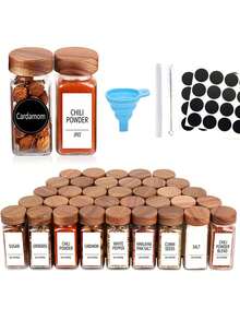 Juego de frascos para especias de cocina, 12 piezas de recipientes de vidrio para condimentos con tapas, frascos de 120ml para comino y especias, botellas de vidrio - 12 botellas (tapón de madera) + pincel + embudo + 1 pegatina + 1 bolígrafo - Ver 5