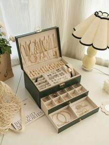 3-Layer Large Capacity Jewelry Storage Box, Portable Jewelry Storage Box, Dressing Table With Drawer Jewelry Storage Box, Gift Leather Jewelry Box, Exquisite Display Packaging Storage Container Back To School - Multicolor - View 5