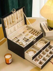 3-Layer Large Capacity Jewelry Storage Box, Portable Jewelry Storage Box, Dressing Table With Drawer Jewelry Storage Box, Gift Leather Jewelry Box, Exquisite Display Packaging Storage Container Back To School - Multicolor - View 8