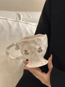 1pc Creative Handpainted Cute Bear Ceramic Mug With Bow - Personalized Underglaze Household Coffee Cup - Iced Tea Cup - Ideal Christmas Gift And Gift For Girlfriend - Holiday Gift Box Souvenir, Back To School Gift - White - View 2