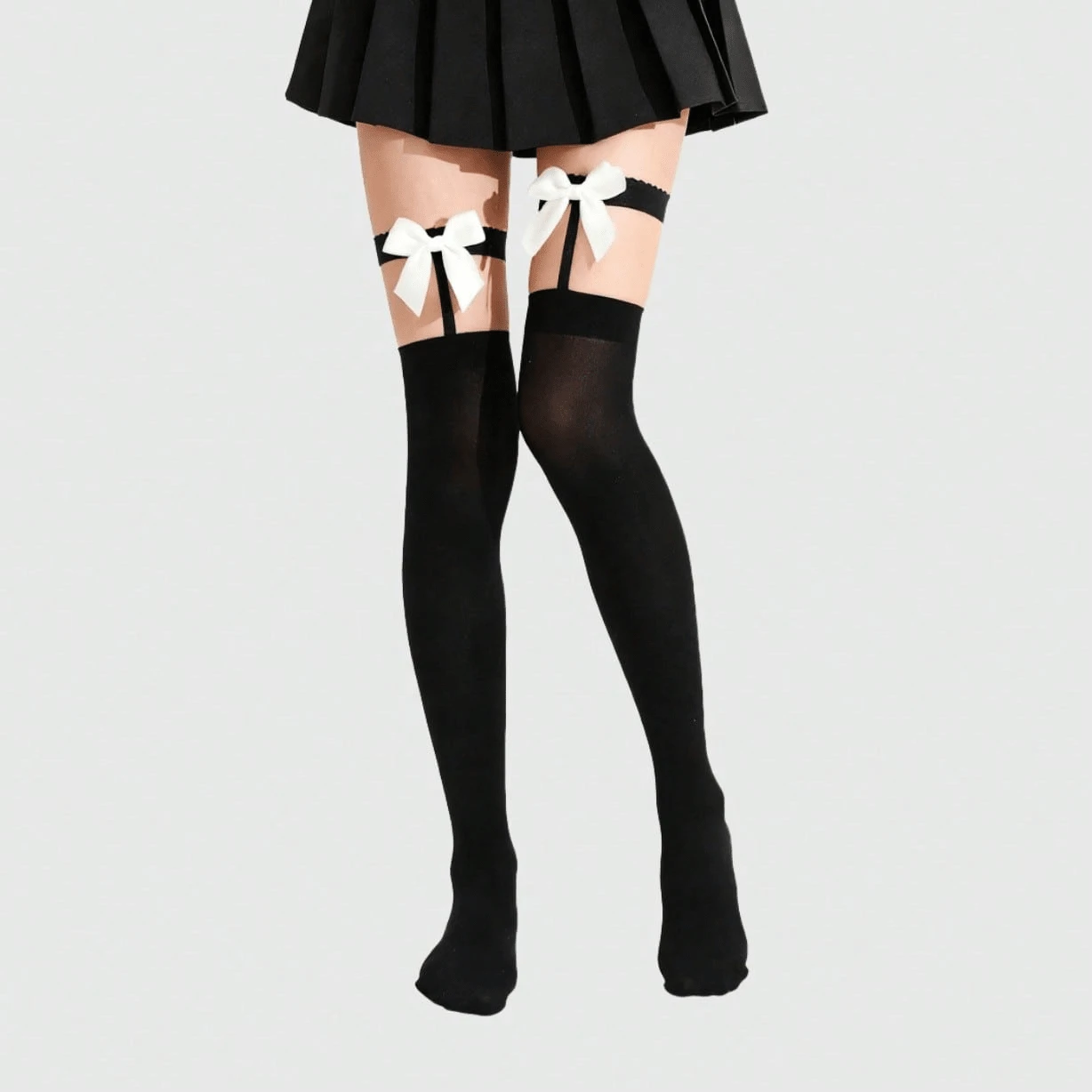 ROMWE Grunge Punk 1 Pair Gothic Punk Style White Bow Leg Garter & Black Thigh High Socks - Black 2 - View 1