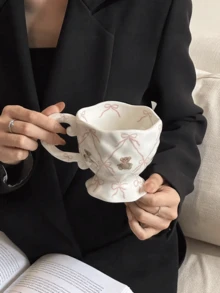 1pc Creative Handpainted Cute Bear Ceramic Mug With Bow - Personalized Underglaze Household Coffee Cup - Iced Tea Cup - Ideal Christmas Gift And Gift For Girlfriend - Holiday Gift Box Souvenir, Back To School Gift - White - View 3