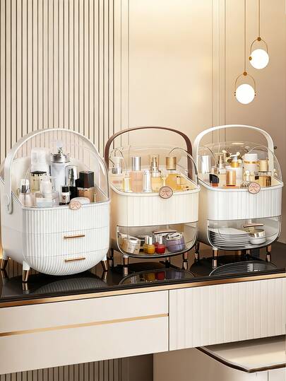 SHEIN Basic living 1个大容量化妆品收纳盒，带抽屉和透明盖 - 多层收纳，可存放化妆品、护肤品和珠宝，3种颜色可选，适用于办公桌、浴室、梳妆台，情人节礼物，秋季装饰，圣诞节装饰，男孩背包，万圣节背包，学校背包。透明背包，学校，万圣节服装。