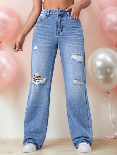 Jeans rectos de pierna holgada con bolsillos, lavados, de estilo casual para dama, Pantalones vaqueros anchos holgados casuales y versátiles para mujeres, Mujeres Rasgado Bolsillo Recto Flojo pantalón informal de mezclilla