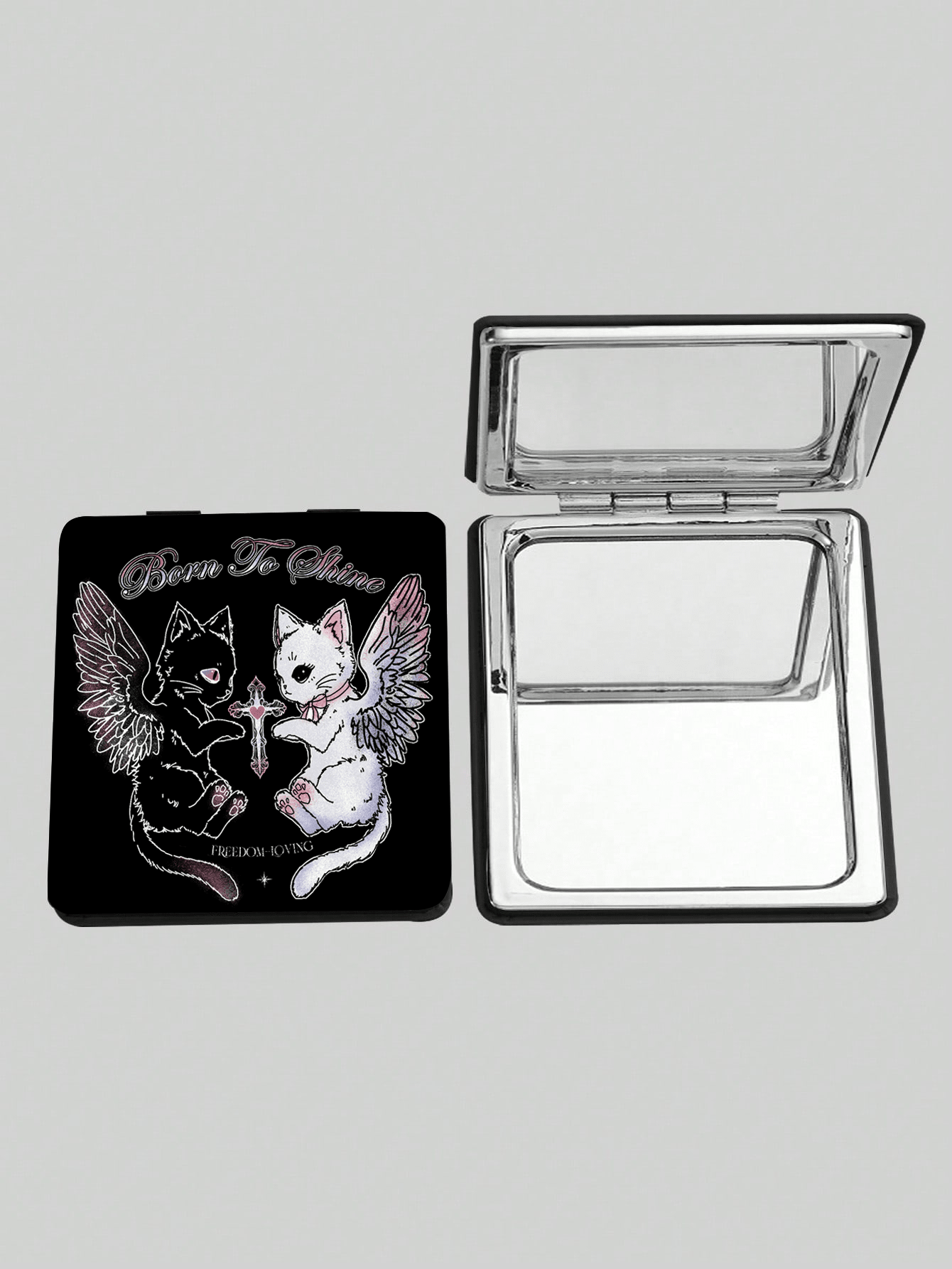 1437477 Espejo de maquillaje cuadrado con estampado de gato ángel y cruz, espejo de maquillaje portátil de mano (la colocación del patrón es aleatoria).