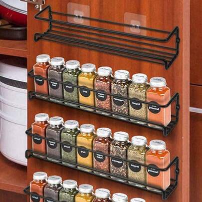 Black/Silver Metal Spice Rack, No Drill Mark Wall Mount Or Screw Installation, Space Saving Spice Jar Holder, For Cabinet Door/Wall Storage Of Herbs And Spices, Sturdy , Holds 6-8 Spice Jars, Up To 10kg Load, Great For Kitchen, Bathroom