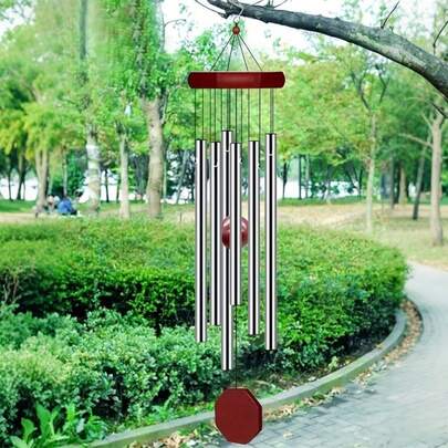 1pc Classic Silver Aluminum Tube Wind Chime Tag With 6 Metal Tube Bells, Handmade Wooden Wind Chimes, Suitable For Outdoor Patio/Balcony, Anniversary/Birthday/Thanksgiving/Mother's Day Gift, Decoration For Porch/Balcony/Entryway/Garden