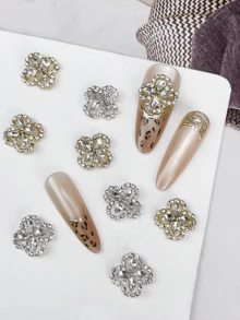 10颗金色和银色Y2K风格水钻美甲饰品，日式奢华合金美甲钻石，3D轻盈全钻镶嵌DIY美甲，可爱美甲配件，美甲用品，美甲宝石 - 彩色 - 查看 2