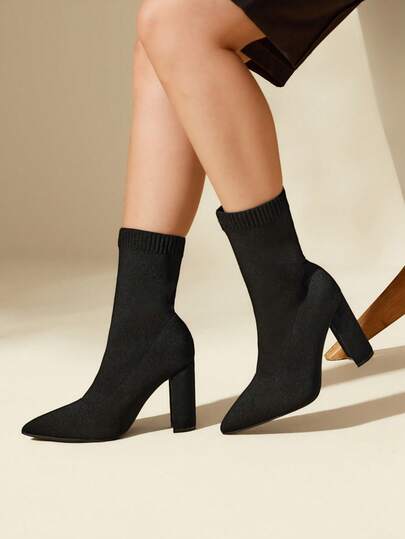 CUCCOO BASICS Botas de media caña elásticas de punto negro con tacón grueso, cómodas y transpirables, de moda para mujer para Navidad