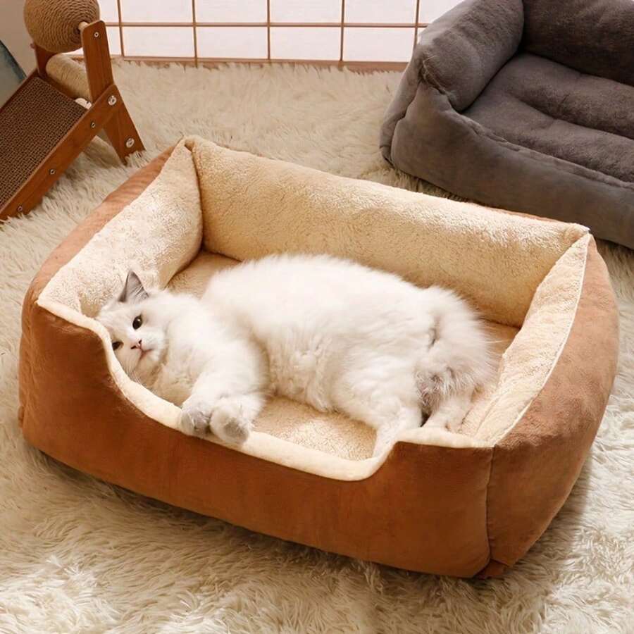 Giường ngủ cho thú cưng Winter Square bằng vải nhung mềm mại có đệm - Giường sofa bằng lông cừu mềm mại, thoải mái cho mèo cỡ vừa và chó nhỏ, thiết kế mở phía trên, bền, dễ vệ sinh, có thể gấp gọn, thích hợp sử dụng trong nhà cho phòng ngủ, phòng khách, ban công - Nơi trú ẩn ấm áp cho mèo con và các giống chó nhỏ, giường cho mèo, đồ nội thất ấm cúng cho thú cưng, đệm ngủ sang trọng cho thú cưng, giường ngủ gấp gọn cho thú cưng, giường ngủ bằng polyester cho thú cưng. - Hồng - Xem 1