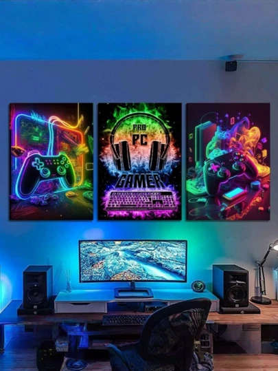 3 stuks coole gaming muurdecoratie, aquarel posters met game-thema, kleurrijke neon gamepad canvas schilderijen voor jongenskamer, speelkamer, slaapkamer, huisdecoratie voor jongens, zonder lijst, woondecoratie, kamerdecoratie, muurdecoratie cadeaus voor verjaardag en afstuderen