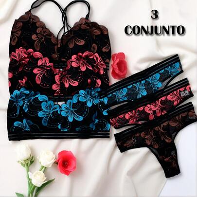 RITA SENSUAL 3 conjuntos de lenceria de 2 piezas cada uno, BRST7020-1003 - hechos completamente de un hermoso encaje en diferentes colores para lucir espectacular.  Casual-Cómodo  Fantasía-Elegante    Almohadillas Extraíbles    Encaje    Fresco    Soporte Ligero    conjunto