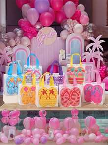 1/6/12/24 PCS Hawaiian Beach Tote Bags Non Woven Fabric Summer Party Gift Bags With Handles Tropical Flip Flop Starfish Pattern For Hawaiian Theme Birthday Pool Party Decor Bright Colors Poolside Gift Bag - Multicolor - View 7