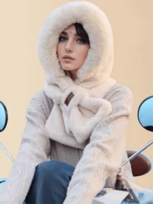 Women's Winter Warm Scarf And Knitted Hat Set, Soft And Thickened Warm Lining Earmuffs, Striped Craft Plush Knitted Hat, Foldable Design, Non-Elastic, Hand-Washable, Cross-Neckline Warm Ap, Create Fashion Styling, Winter Clothing Versatile Warm Accessories, - Multicolor - View 5