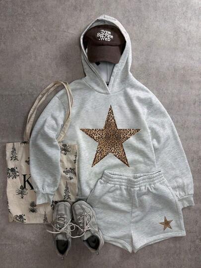 2 pc Conjunto sudadera y short mujer sudadera con capucha short resorte estampado  Estrella Leopardo Cheetah Animal Print otoño invierno