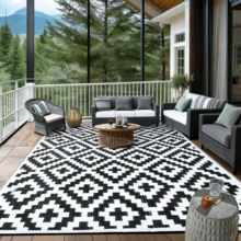 1Pc(120cm*180cm/47.24inch*70.87inch)Waterproof Outdoor Rug, Reversible Plastic Straw Patio Rug For Camping, RV Mat Outside, Indoor Outdoor Carpet For Porch, Deck, Backyard, Camper, Balcony, Picnic, Black & White - Black and White - View 4