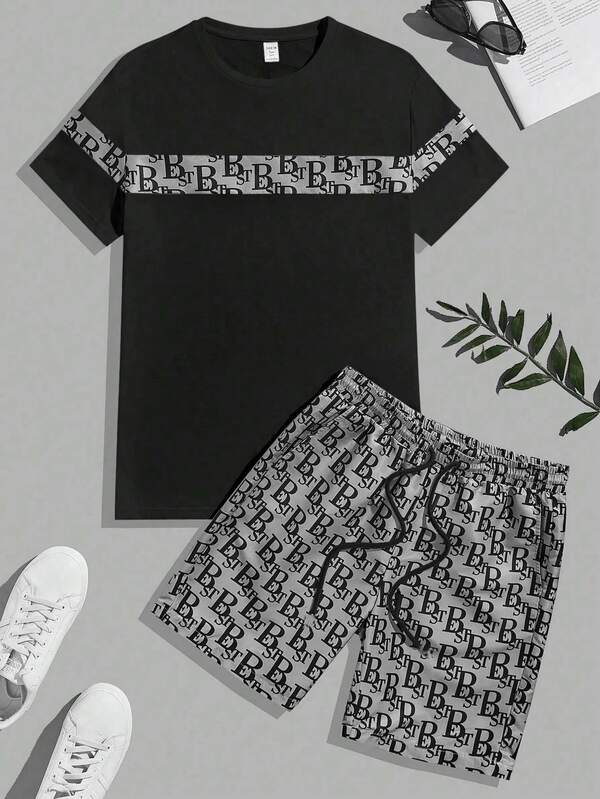 Traje de verano para hombre de dos piezas, camiseta de manga corta con cuello redondo y pantalón corto de cintura elástica con bolsillos, adecuado para correr, ir al gimnasio y para uso diario