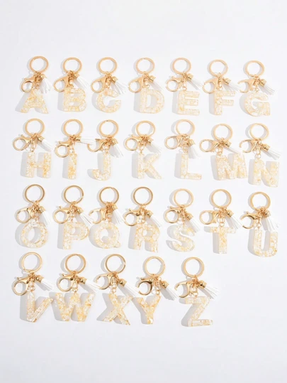 1个可爱字母钥匙扣 白色钥匙扣，大写字母金色箔树脂钥匙链挂件，带蝴蝶流苏吊坠，时尚钥匙链，女士礼物，钱包包包装饰，父亲节、母亲节、生日礼物、感恩节和圣诞节节日礼物