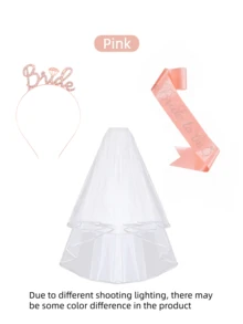 3pcs/Set European And American Bridal Shower Party Bride-To-Be Crown Headband, Shoulder Strap And Veil Set, Wedding Photo Prop(Pink) - Multicolor - View 5