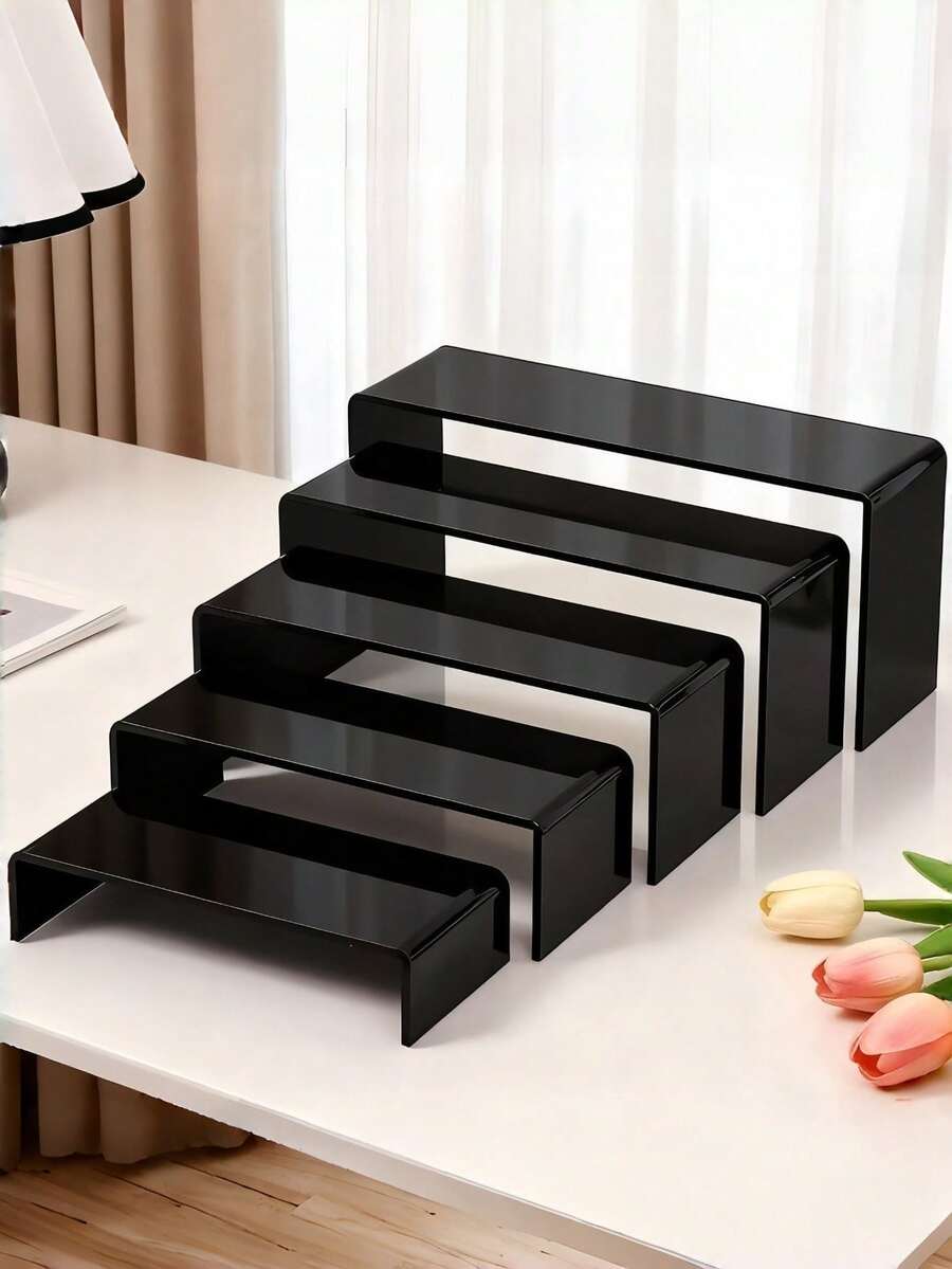 Bộ giá trưng bày acrylic 3/4/5 món, màu đen, dùng để đựng đồ sưu tầm, bánh ngọt, tượng nhỏ, bánh cupcake và kẹo que, kệ để bàn hình chữ nhật nhiều tầng, thích hợp để trang trí nhà cửa, nhà bếp, văn phòng, ký túc xá. - màu đen - Xem 1