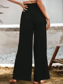 Pantalones de pierna ancha de textura de cintura alta, de estilo casual y sencillo, apropiados para ir a la escuela o para ir y venir al trabajo - Negro - Ver 5
