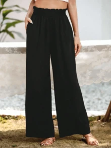 Pantalones de pierna ancha de textura de cintura alta, de estilo casual y sencillo, apropiados para ir a la escuela o para ir y venir al trabajo - Negro - Ver 3