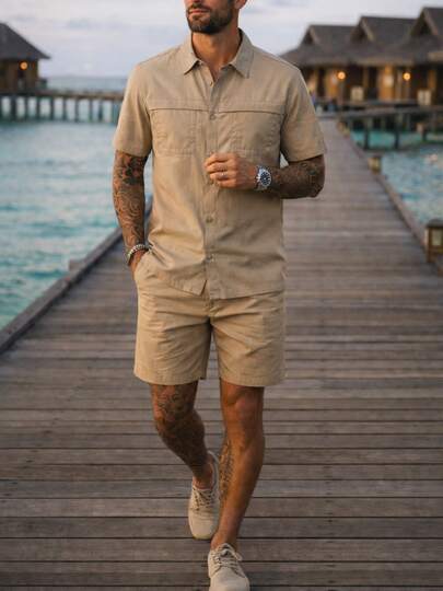 MODA MANIA Conjunto 2 Piezas Camisa de Textura Premium con Bolsillos Utilitarios y Shorts con Cordón Estilo Casual Minimalista para Playa Vacaciones o Ciudad