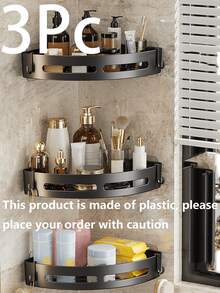 3 Pieces, Space Saving Triangular Corner Shelf - Durable Wall Mounted Bathroom Shampoo, Shower Gel And Cosmetics Storage Rack - Easy To Install, Non-Slip Design, Corner Shower Box, Corner Shower Shelf, Shower Shelf For Indoor Shower, Simple Shower Corner Shelf, Corner Storage Rack For Bathroom, Bathroom Corner Shelf, Shower Shelf - Black - View 1