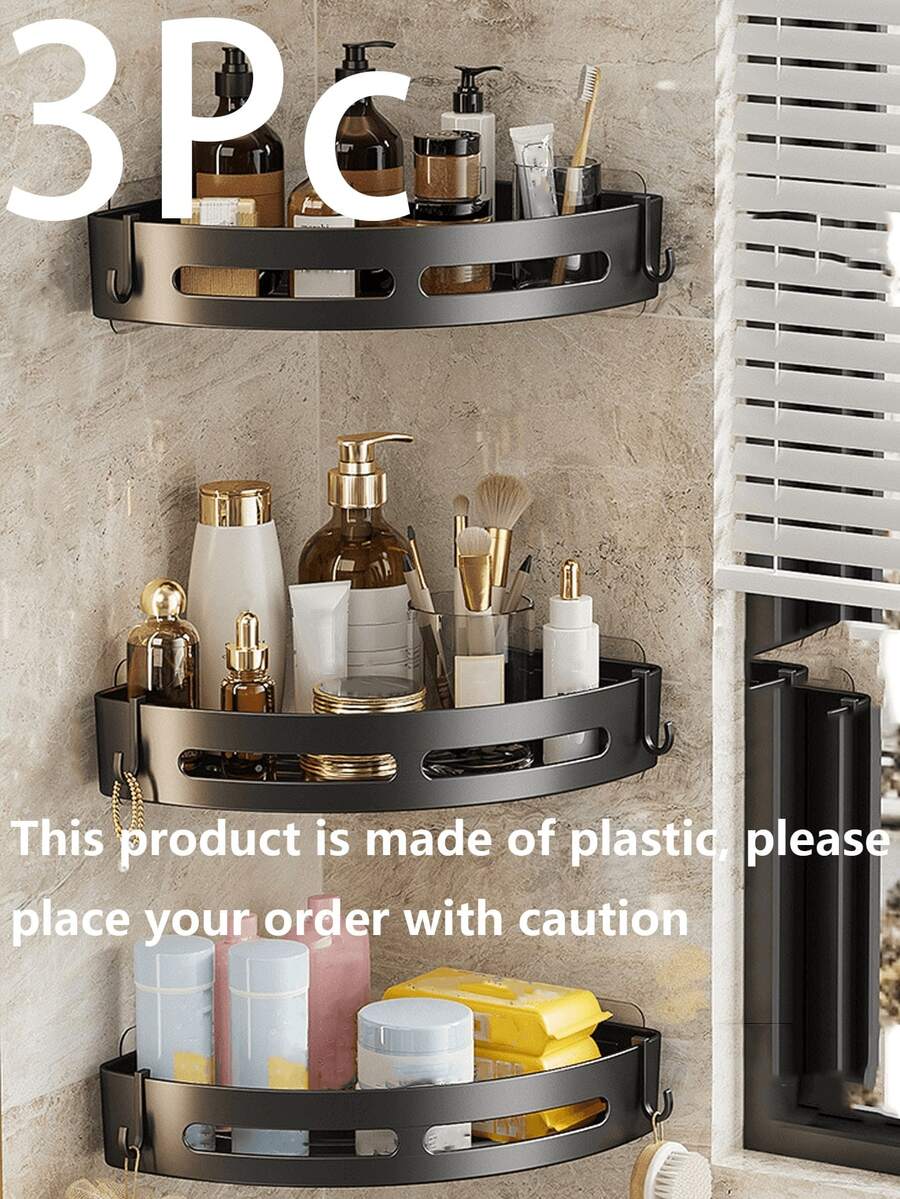 3 Pieces, Space Saving Triangular Corner Shelf - Durable Wall Mounted Bathroom Shampoo, Shower Gel And Cosmetics Storage Rack - Easy To Install, Non-Slip Design, Corner Shower Box, Corner Shower Shelf, Shower Shelf For Indoor Shower, Simple Shower Corner Shelf, Corner Storage Rack For Bathroom, Bathroom Corner Shelf, Shower Shelf - Black - View 1