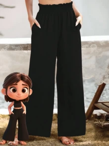 Pantalones de pierna ancha de textura de cintura alta, de estilo casual y sencillo, apropiados para ir a la escuela o para ir y venir al trabajo - Negro - Ver 1