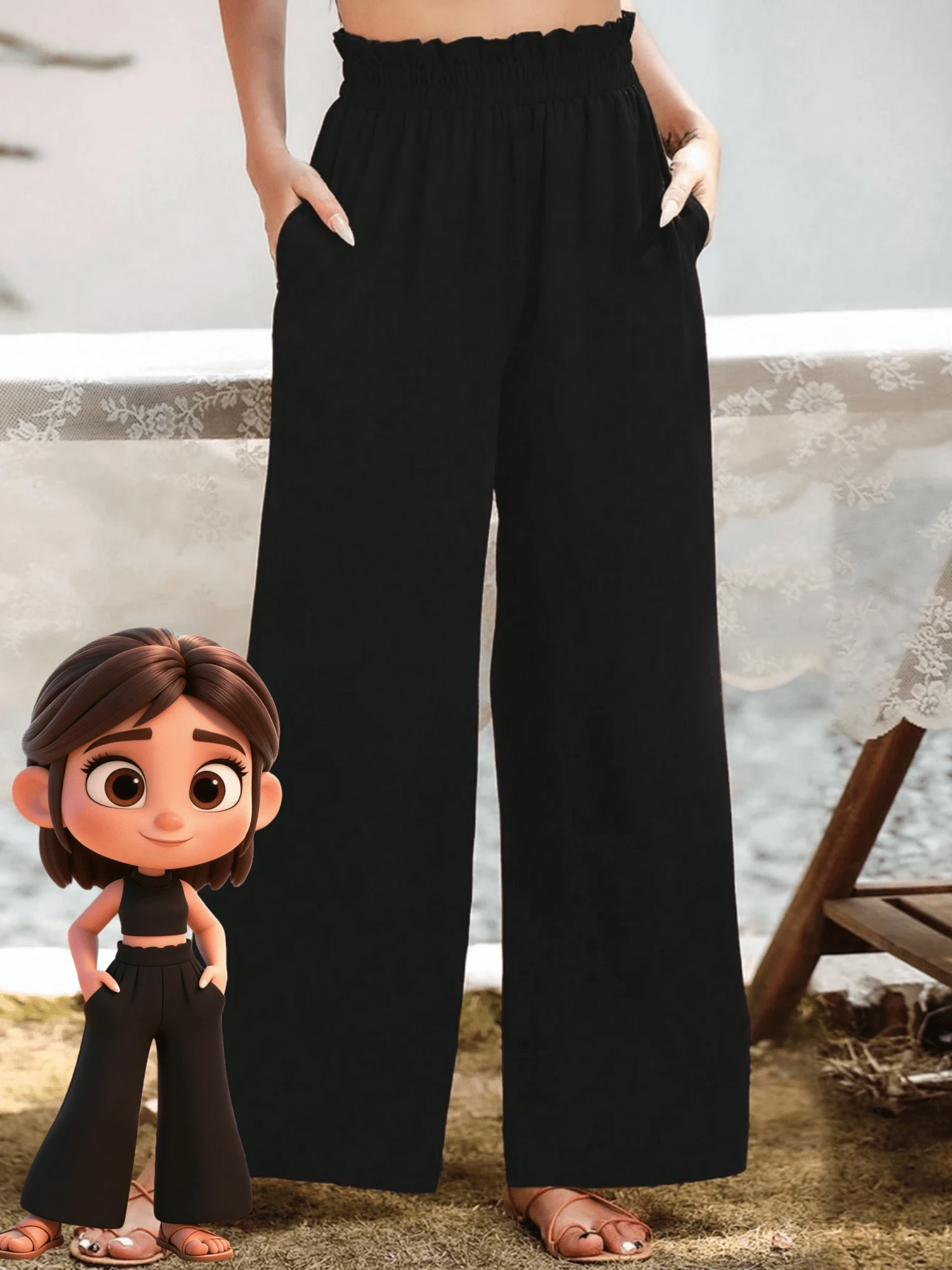 Pantalones de pierna ancha de textura de cintura alta, de estilo casual y sencillo, apropiados para ir a la escuela o para ir y venir al trabajo - Negro - Ver 1