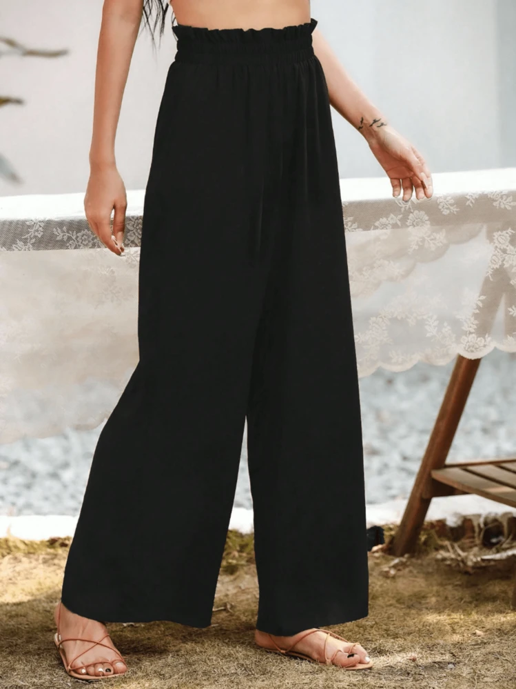 Pantalones de pierna ancha de textura de cintura alta, de estilo casual y sencillo, apropiados para ir a la escuela o para ir y venir al trabajo - Negro - Añade 2